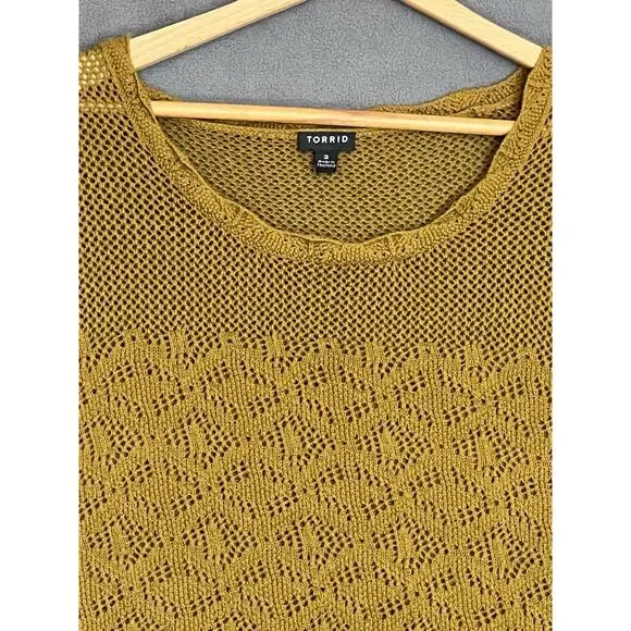 Torrid Crochet Knit Short Sleeve Top Sz 2X Mustard Cotton Fringe Open Knit Layer - Picture 4 of 11